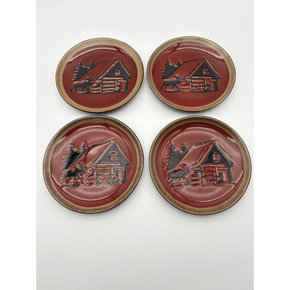 Clay Art - Lodge Plate Ceramic 7” Red And Black With Moose And Cabin Set Of 4